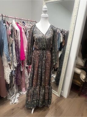 Boemos Anthropologie Botanical Print Long Sleeve Maxi Dress in Muted Green-Brown